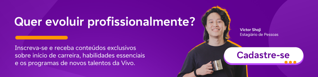Banner roxo com a frase “Quer evoluir profissionalmente?” e convite para se inscrever e receber conteúdos sobre início de carreira e novos talentos da Vivo. À direita, jovem identificado como Victor Shoji e botão “Cadastre-se”.