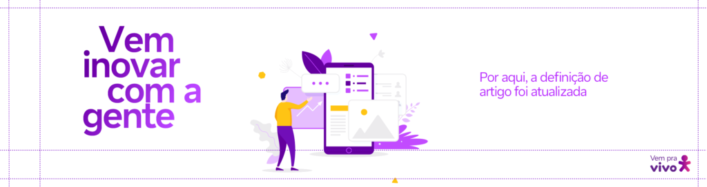 Vetor de um homem branco e um smartphone e as frases "vem inovar com a gente" e "por aqui, a definição de artigo foi atualizada"