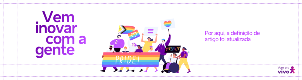 ilustração com diversas pessoas em um ato de apoio às causas LGBTQIA+ com bandeiras e cartazes e o texto na arte vem inovar com a gente