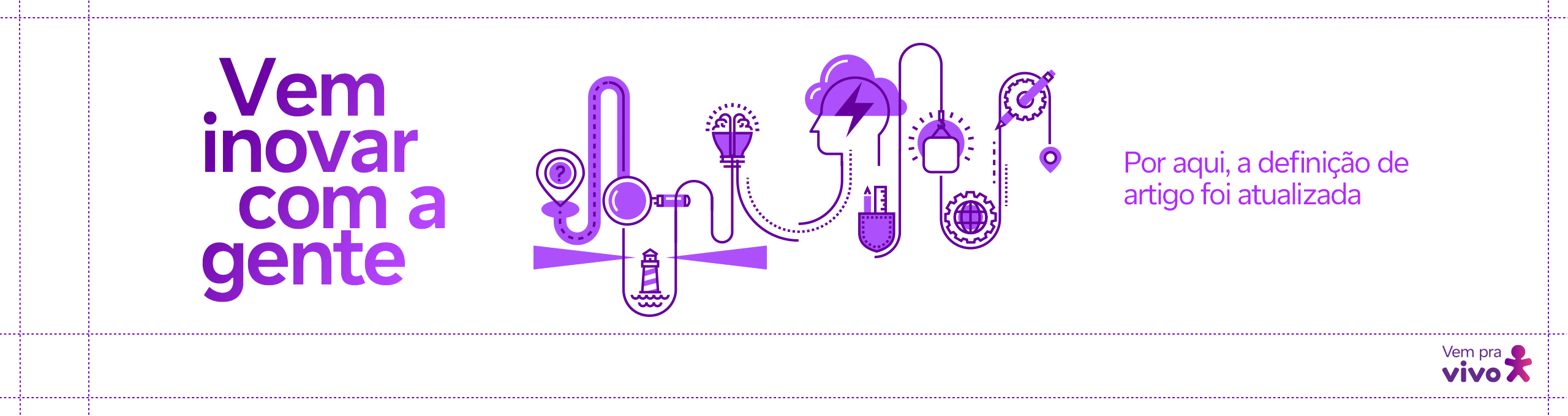 banner com vetores representando inovação, ideias e tecnologia e a frase vem inovar com a gente