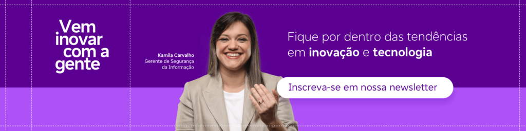 banner com uma mulher branca sorrindo e acenando com a mão e o texto fique por dento das tendências em inovação e tecnologia