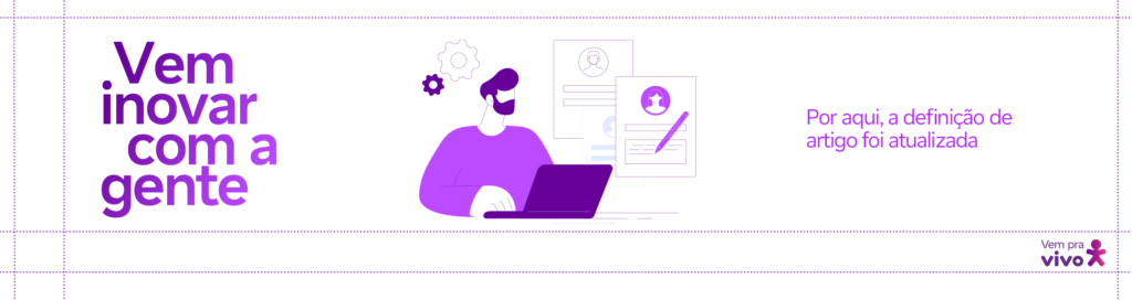 banner com um vetor representando um homem branco de barba trabalhando em um laptop e a frase vem inovar com a gente