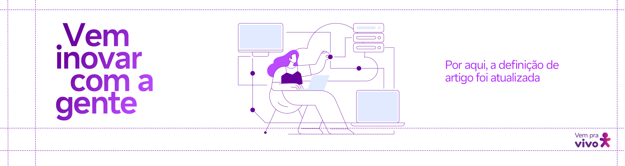 arte com um vetor de uma mulher branca e cabelos longos interagindo com tecnologia e o texto vem inovar com a gente