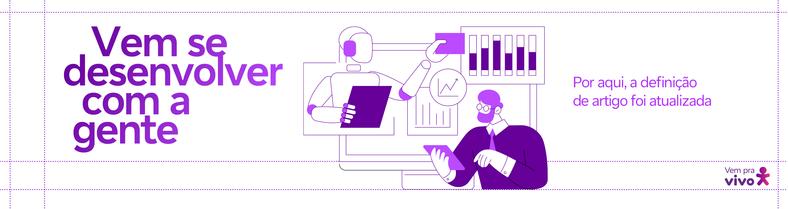 arte com um vetor de um robô e um homem de barba trabalhando juntos em tecnologias e o texto vem se desenvolver com a gente