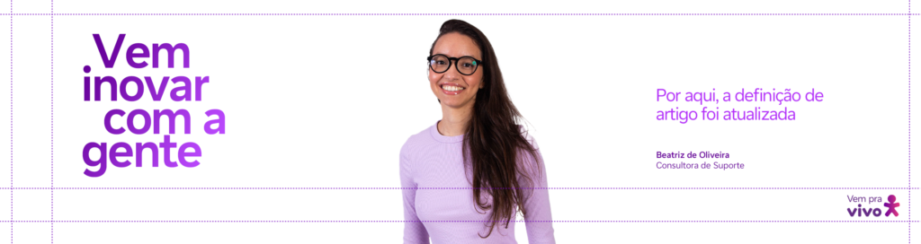 arte com a fotografia de uma mulher branca de óculos sorrindo e a frase vem inovar com a gente