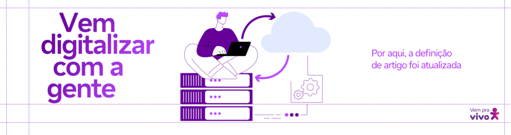 arte com a ilustração de um homem sentado em cima de servidores de nuvem com um laptop em seu colo e o texto vem digitalizar com a gente