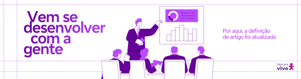 arte com o vetor de várias pessoas pessoas acompanhando uma apresentação de um homem e o texto Vem se desenvolver com a gente