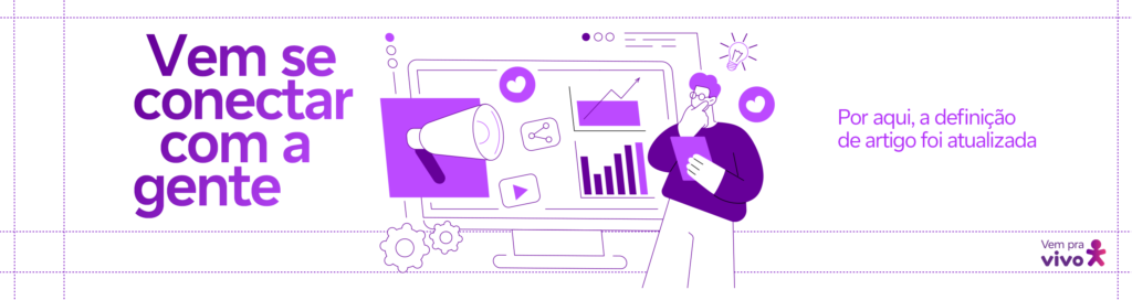 arte com um vetor de um homem branco com um tablet na mão olhando para uma tela com dados e o texto vem se conectar com a gente