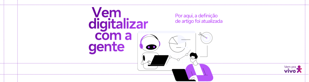 arte com um vetor de um homem branco e um robô trabalhando lado a lado com seus laptops e a frase vem digitalizar com a gente