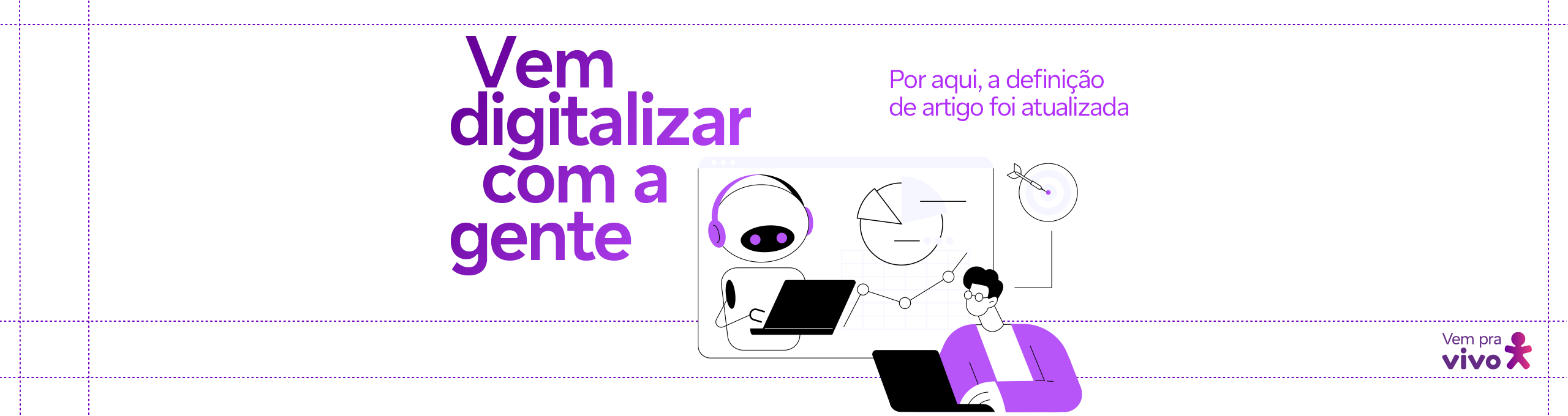 arte com um vetor de um homem branco e um robô trabalhando lado a lado com seus laptops e a frase vem digitalizar com a gente