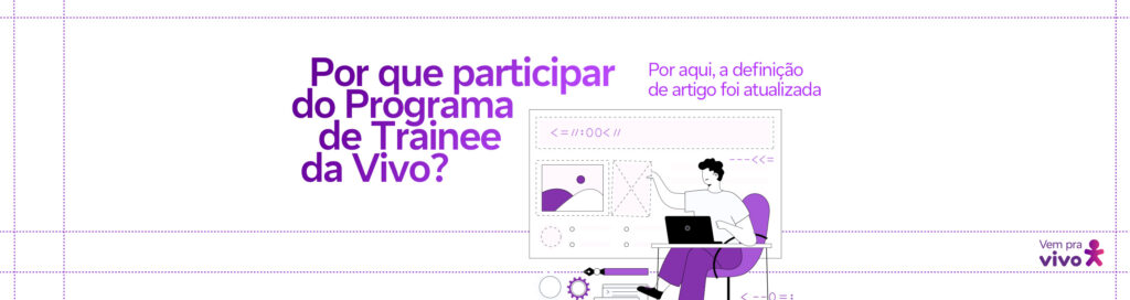 arte com o texto porque participar do programa de trainee da Vivo e o vetor de um homem banco sentando em uma mesa de escritório trabalhando em seu laptop