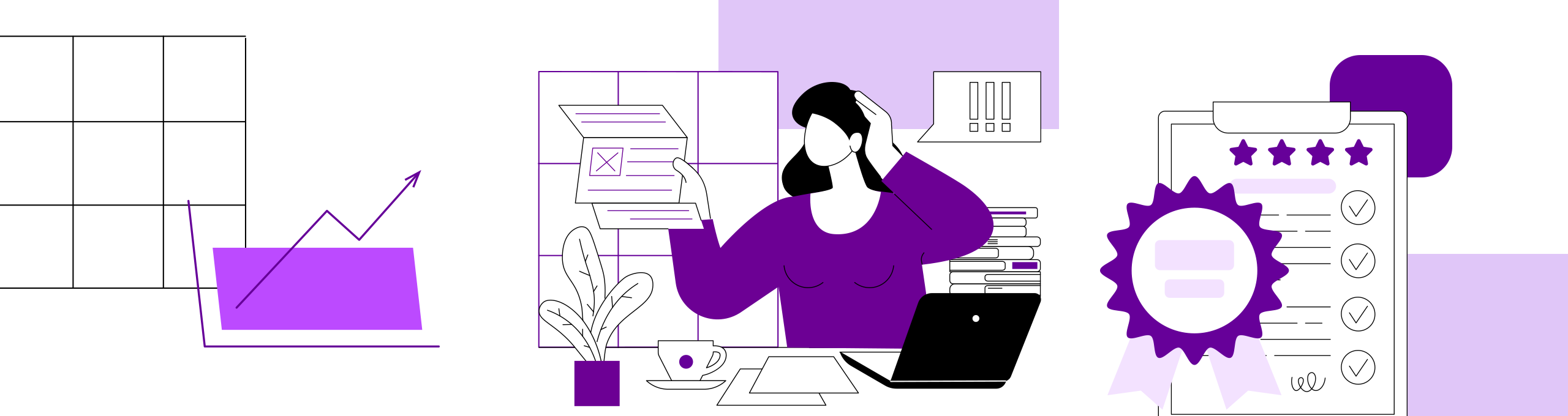 A imagem mostra uma ilustração digital com um esquema de cores em tons de roxo e preto. No centro, há uma mulher sentada em frente a um laptop, segurando um documento com um erro marcado com um "X". Ela parece estressada ou preocupada com a situação, enquanto ao fundo há pilhas de documentos. Ao lado, um gráfico ascendente sugere progresso ou crescimento, e há também um quadro com ícones de notificação e um formulário de avaliação com estrelas, representando feedback ou análise.