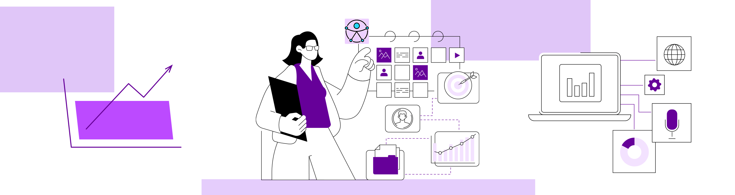 A imagem apresenta uma ilustração digital em tons de roxo e lilás, com um design moderno e minimalista. À esquerda, há um gráfico de linha crescente, simbolizando crescimento ou análise de dados. No centro, uma figura humana com óculos e uma pasta, simbolizando um profissional que interage com gráficos e dados. À direita, um laptop exibe gráficos e ícones que representam análise de dados, como gráficos de barras e de pizza, além de elementos relacionados a tecnologia, como a representação do globo e um microfone. A imagem sugere o uso de dados para tomar decisões estratégicas em um ambiente profissional digital.