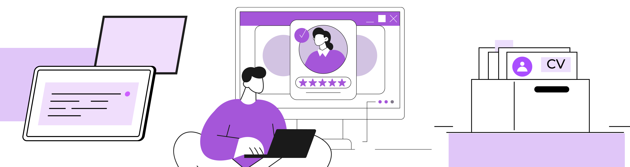 Uma ilustração digital mostrando três elementos: um tablet com texto à esquerda, uma tela de computador exibindo um perfil com uma pessoa e classificações de cinco estrelas no centro, e um arquivo com documentos rotulados como "CV" à direita. A ilustração usa um estilo minimalista com detalhes em roxo.