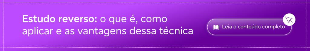 Banner com fundo degradê roxo contendo o texto: 'Estudo reverso: o que é, como aplicar e as vantagens dessa técnica'. À direita, um botão com o ícone de um livro aberto e o texto 'Leia o conteúdo completo