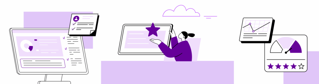 Ilustração em estilo minimalista com tons de roxo mostrando telas digitais com gráficos, avaliações e checklists. No centro, uma pessoa olhando para um tablet enquanto segura uma estrela. À esquerda há um monitor com gráficos e checklist, e à direita ícones de desempenho e avaliações com estrelas.