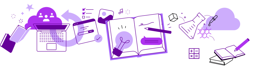 Banner horizontal com diversos elementos gráficos roxos interconectados. À esquerda, um notebook e uma nuvem com perfis de pessoas sugerem colaboração online. No centro, um livro aberto com uma lâmpada acesa simboliza o conhecimento. À direita, elementos de ciência como um béquer, moléculas e um conta-gotas, além de ícones de artes e matemática, reforçam o tema de educação multidisciplinar e inovação