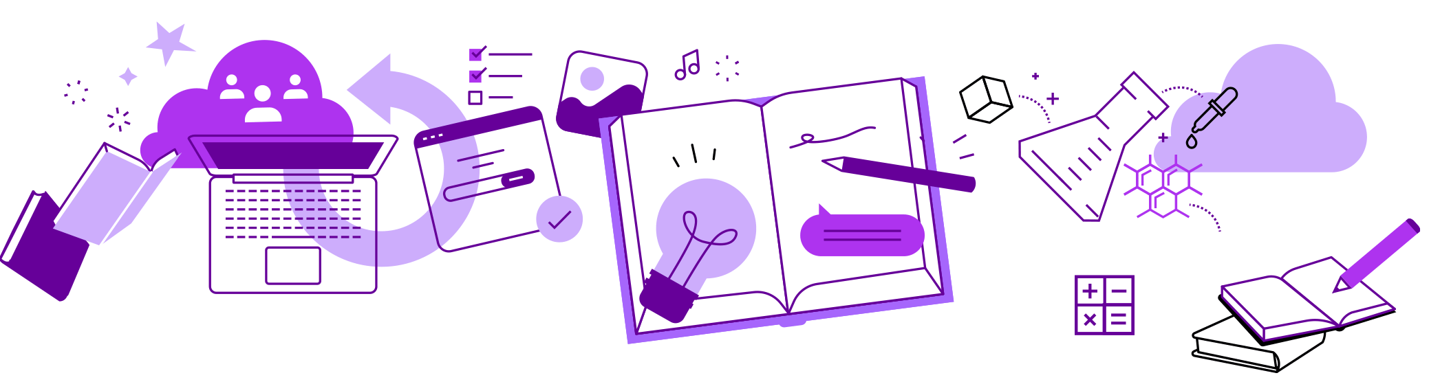 Banner horizontal com diversos elementos gráficos roxos interconectados. À esquerda, um notebook e uma nuvem com perfis de pessoas sugerem colaboração online. No centro, um livro aberto com uma lâmpada acesa simboliza o conhecimento. À direita, elementos de ciência como um béquer, moléculas e um conta-gotas, além de ícones de artes e matemática, reforçam o tema de educação multidisciplinar e inovação