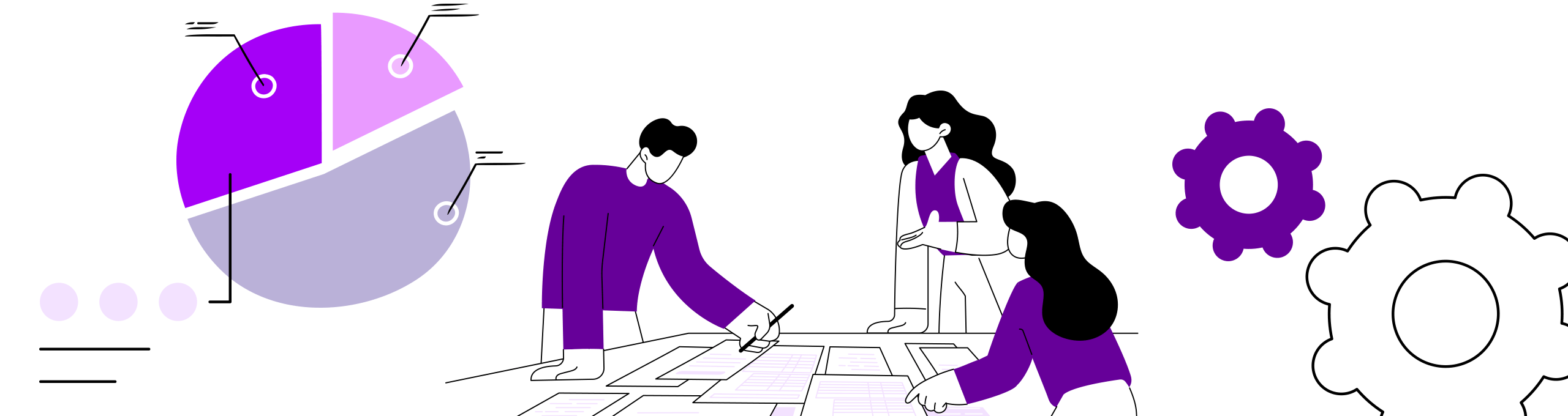 Ilustração em tons de roxo, lilás e preto. No centro, três pessoas colaboram em uma mesa com papéis. À esquerda, um gráfico de pizza roxo. À direita, dois ícones de engrenagens. O fundo é branco e o estilo é de desenho plano.