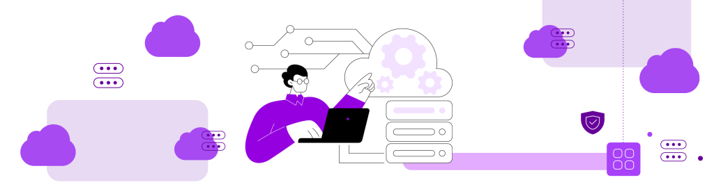Ilustração vetorial em fundo branco com detalhes em roxo. Ao centro, um personagem de óculos digita em um laptop preto e aponta para uma grande nuvem que contém três engrenagens. À direita, há uma pilha de servidores. O cenário é composto por diversas nuvens flutuantes, linhas que simulam circuitos, ícones de bancos de dados e um pequeno escudo de proteção, representando um ecossistema digital seguro e conectado.