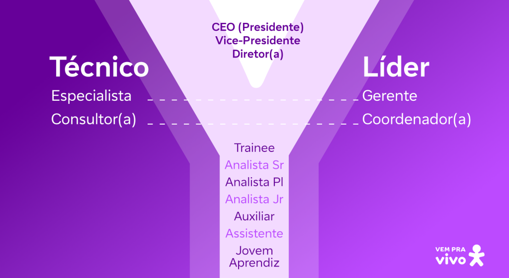 Ilustração em degradê roxo representando a carreira em Y. À esquerda, a trilha “Técnico” com os cargos Especialista e Consultor(a). À direita, a trilha “Líder” com Gerente e Coordenador(a). No topo do Y aparecem CEO (Presidente), Vice-Presidente e Diretor(a). Na base estão os níveis iniciais: Jovem Aprendiz, Assistente, Auxiliar, Analista Jr, Analista Pl, Analista Sr e Trainee. No canto inferior direito, a assinatura “Vem pra Vivo”.