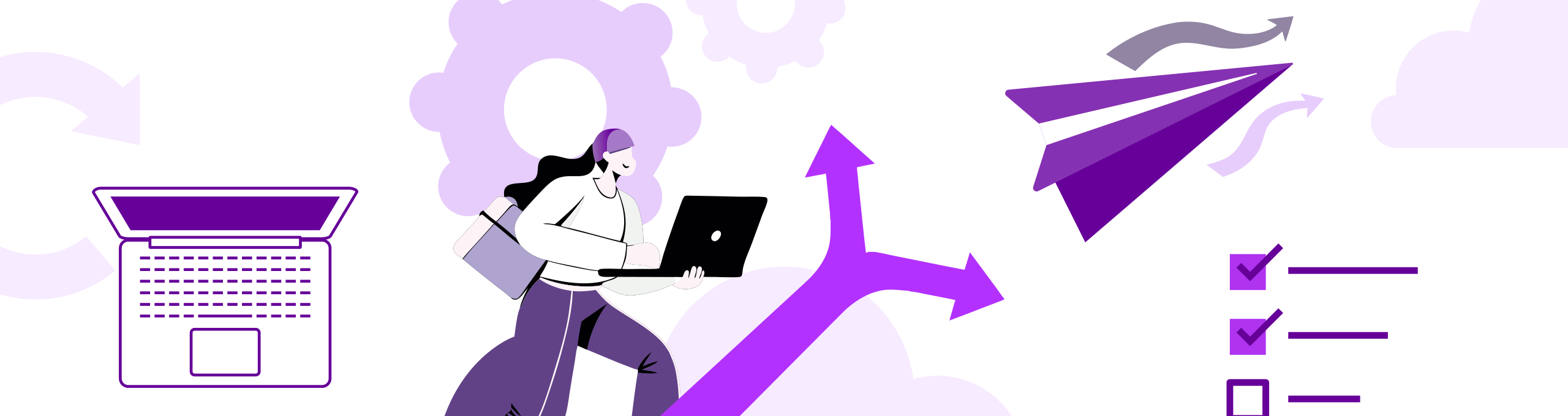 Ilustração em tons de roxo com mulher usando notebook no centro, cercada por ícones de laptop, engrenagem, avião de papel, setas de direção e checklist, representando tecnologia, planejamento e crescimento profissional.